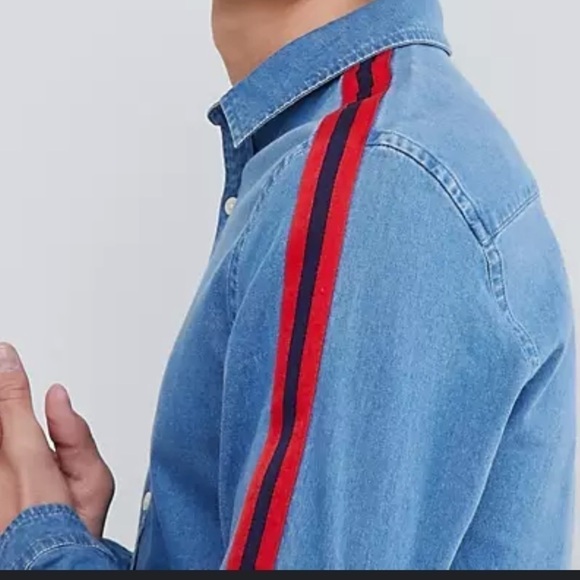GUESS denim regular fit‎ buttoned down men’s shirt Sz M red blue striped sleeves - Picture 3 of 9